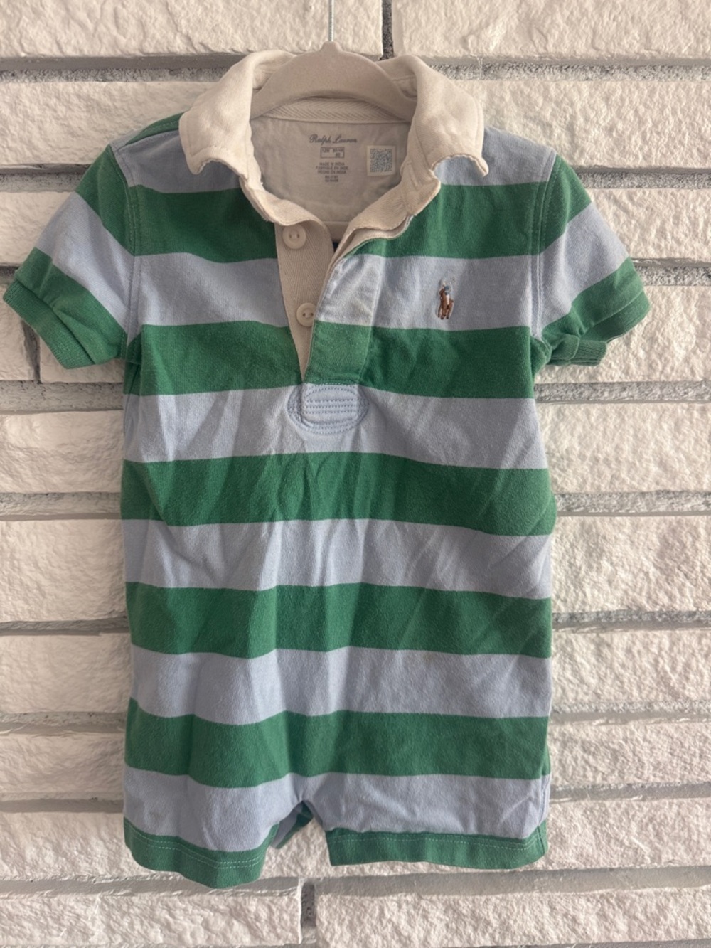 Ralph Lauren Rugby Striped Polo Romper with White Collar 12m